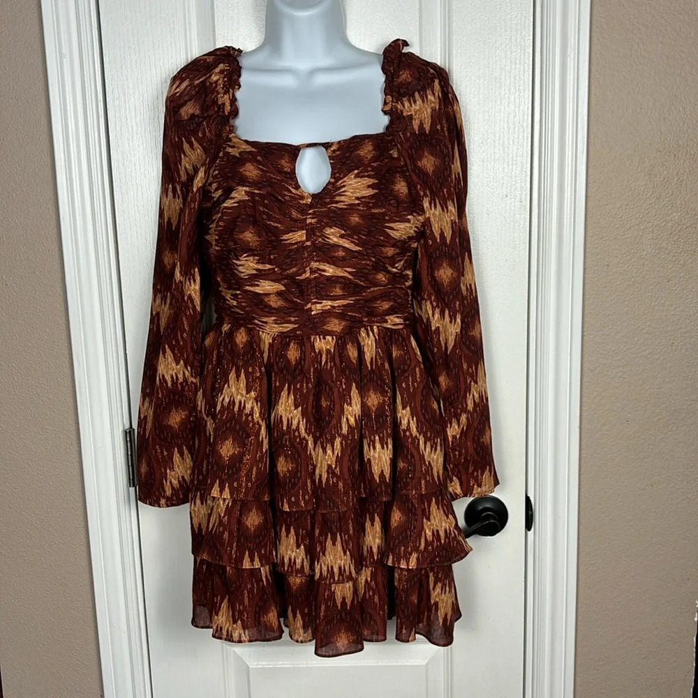 House of Harlow 1960 Women's Ruffles Multicolor Metallic Mini Boho Dress Size M